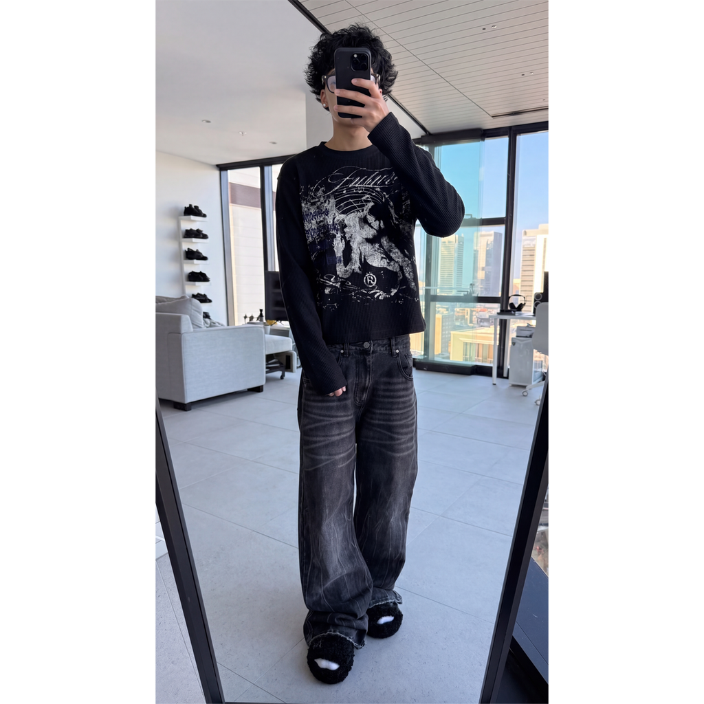 Faith Waffle Knit Cropped 290GSM Long Sleeve Shirt Streetwear Graphic Y2K Unisex Crew Neck Cotton